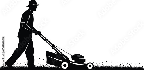 Silhouette of person mowing lawn with push mower, outdoor chore, grass cutting, landscaping, home care activity scene
