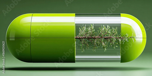An oversized green capsule containing a sprig of greenery symbolizes the fusion of nature and health.