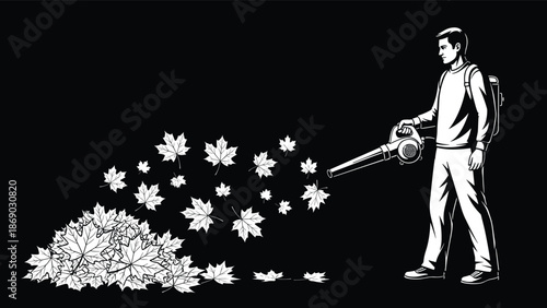 Silhouette of person using leaf blower on pile of leaves, capturing motion, outdoor cleanup, and seasonal yard work themes.