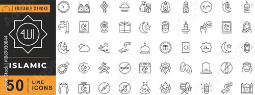 Islamic line icon set. Editable stroke. Vector illustration.
