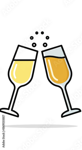 Two Champagne Glasses Clinking in Celebration with Sparkling Bubbles.