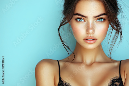 A close-up portrait of a young woman with striking blue eyes and natural makeup against a light blue background.