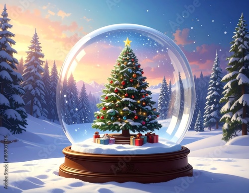 A festive scene depicts a decorated tree with gifts inside a snow globe, against a snowy landscape and colorful sunset