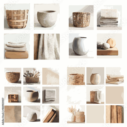 Minimal flat lay illustration featuring notebooks, cups and soft shadows in neutral tones. Clean modern composition perfect for workspace, lifestyle and branding visuals.