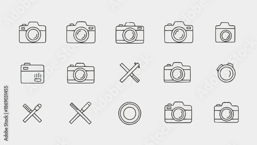 Collection of simple line art camera icons and symbols.