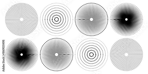 Halftone gradient circles collection. Dots textured round patterns. Cartoon comic radial faded background set. Abstract pixelated elements for frame, poster, collage, banner, flyer. Vector bundle