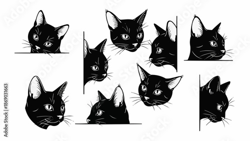 Collection of Black Cat Heads Peeking from Edges.