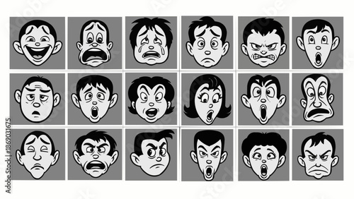 Collection of cartoon faces expressing various emotions and feelings.