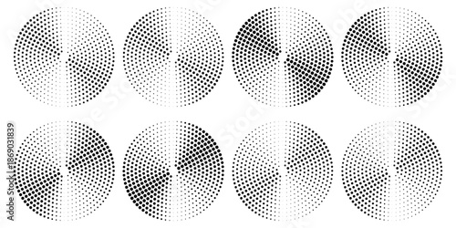 Halftone gradient circles collection. Dots textured round patterns. Cartoon comic radial faded background set. Abstract pixelated elements for frame, poster, collage, banner, flyer. Vector bundle