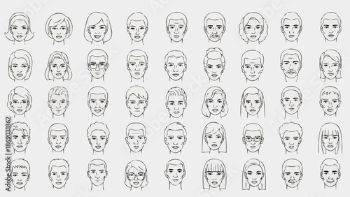 Collection of Diverse Hand Drawn Faces Expressing Various Emotions.