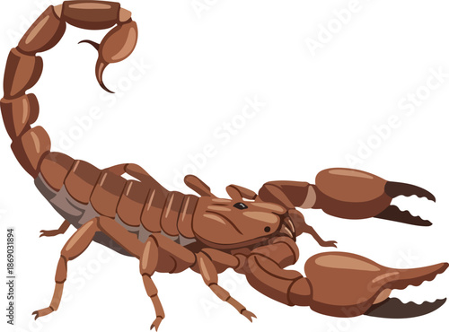Detailed illustration of a brown scorpion, showcasing its anatomy and features against a white background