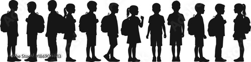 Silhouette of School Children Standing in Line with Backpacks, Depicting Education, Routine, Friendship, Waiting, Group, Students, Outdoors