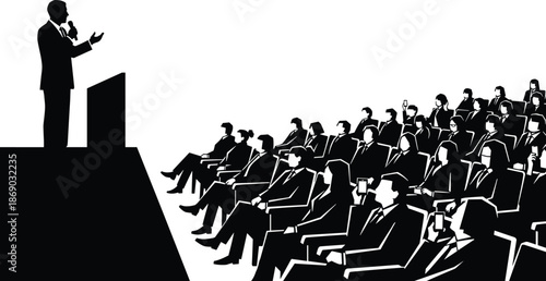 Silhouette of speaker addressing audience at conference or seminar, capturing public speaking, engagement, and professional presentation themes.