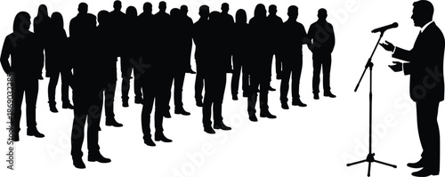 Silhouette of speaker addressing audience with microphone, capturing public speaking, communication, and professional engagement themes.