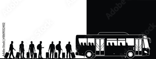 Silhouette of travelers with luggage boarding bus, transportation scene, travel organization, waiting line, public transit, journey preparation