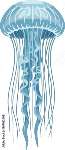 Artistic depiction of a translucent blue jellyfish with long, flowing tentacles in a simplified style