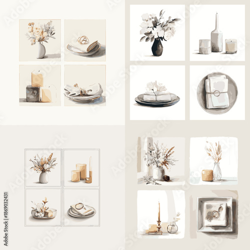 Modern minimalist still life illustration with ceramic vases, dried flowers and soft shadows. Calm neutral palette creates a cozy and elegant interior decor mood.