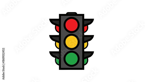 Traffic light with red, yellow, and green lights on gray background