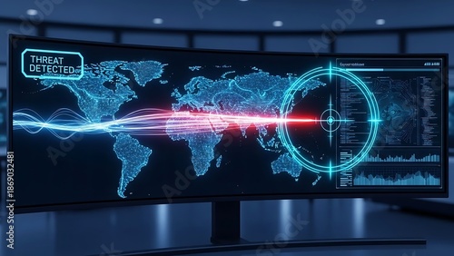 Global cyber threat detection on a curved monitor screen cyber security global map