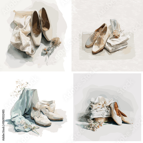 Minimalist wedding still life illustration featuring elegant bridal shoes, rings and soft fabric. Neutral tones and artistic composition create a romantic and timeless aesthetic.
