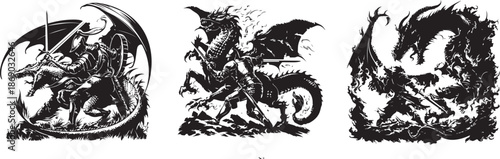 Epic Dragon Battle: An illustrative depiction captures the dynamic struggle between valiant figures and fearsome dragons, evoking the drama of ancient conflicts.