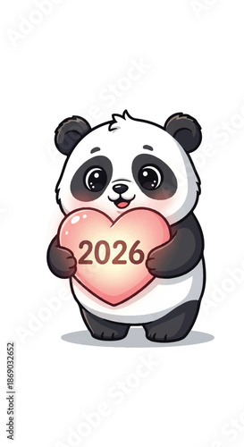 Playful cartoon panda holding a heart with 2026 in a cute kawaii illustration.