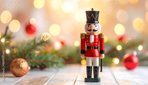 A festive scene showcases a wooden soldier figurine. Surrounded by ornaments and greenery, the scene is illuminated by soft, out-of-focus lights