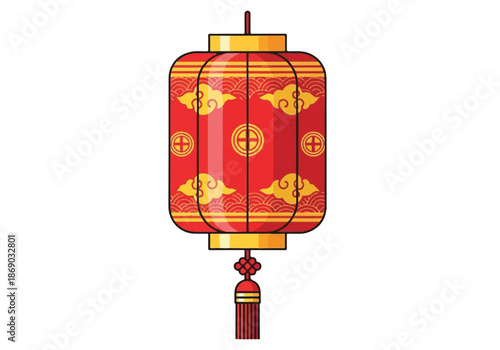 Decorative red Chinese lantern with gold patterns and tassel for festive celebrations and cultural traditions.