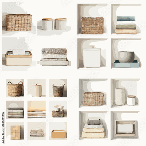 Watercolor illustration set featuring minimalist home decor items including potted plants and woven baskets with soft shadows and sunlight.