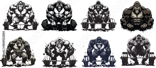 Gorilla with Barbell: A powerful graphic illustration showcasing a strong gorilla performing barbell exercises, symbolizing strength, fitness, and raw power.