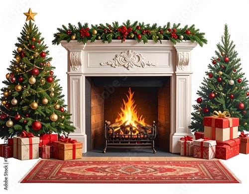 A festive scene with a decorated fireplace between two Christmas trees, gifts below