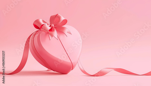 Pink heart gift box with ribbon on pink background