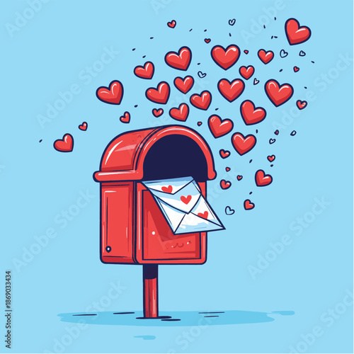 Red mailbox with hearts spilling out on light blue background, symbolizing love letters and affectionate correspondence , vector style simple color