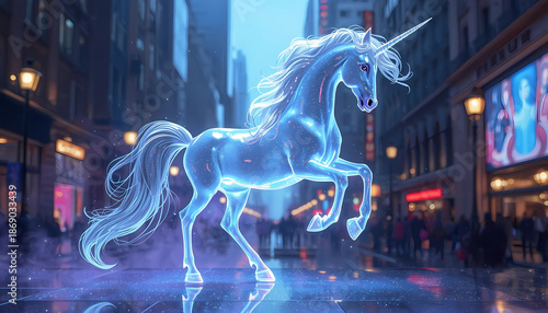 Glowing unicorn runs through vibrant city street at dusk