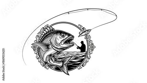Detailed Illustration of Fish on Fishing Hook.