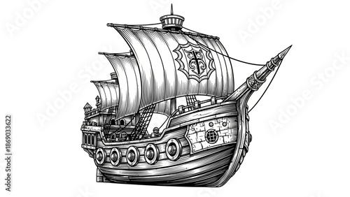 Detailed Illustration of Ancient Sailing Ship.