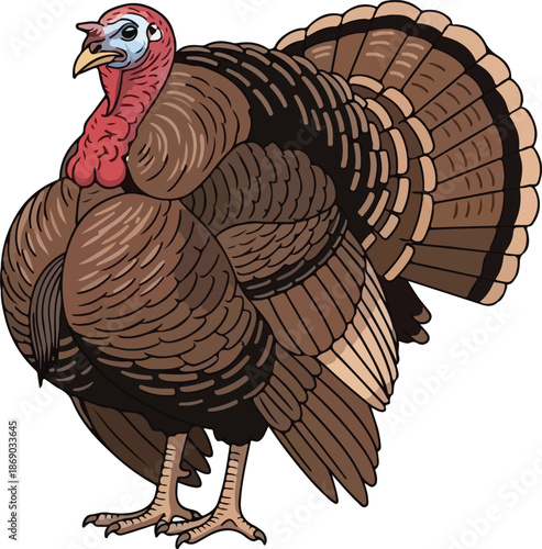 Illustration of a majestic wild turkey displaying its vibrant plumage, perfect for Thanksgiving