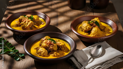 Three bowls of curry served on a wooden table with a napkin and spoon