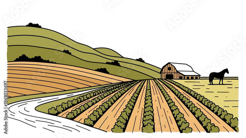 Farm Landscape with Barn and Fields.