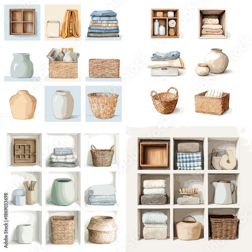 Home organization set featuring wooden shelves and wicker baskets. Watercolor style illustrations of folded towels and storage boxes for interior design themes.