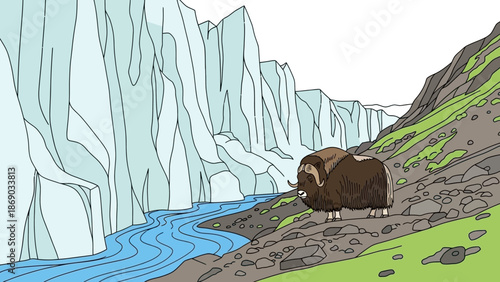 Mammoth Standing Near Iceberg and River.