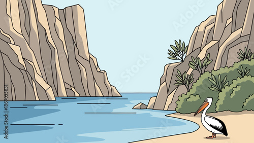 Pelican Standing on Sandy Beach Near Cliff.