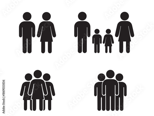 Family and people group silhouette icon set representing adults, children and teams