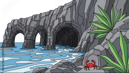 Red Crab Standing on Rock Near Cave.