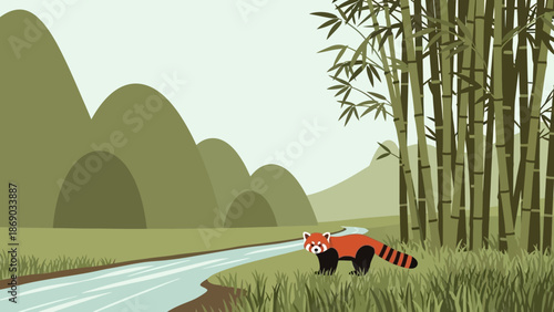 Red Panda Walking on Roadside Grass.