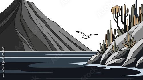 Seagull Flying Over Water Near Mountain.