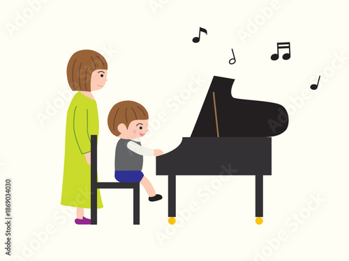 ピアノを弾く男の子と音符