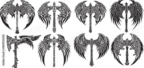 Divine Axes Array: A series of ornate, detailed axes, each with a unique design and embellished with stylized wings, showcasing a blend of strength and artistry.