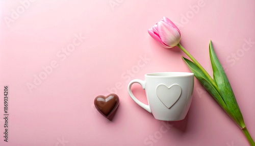 Valentines Day White Mug With Heart, Pink Tulip, And Chocolate Heart On Soft Pink Background.
