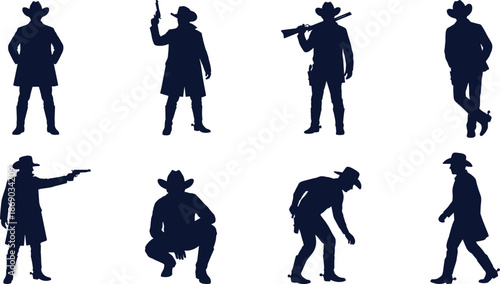 Western Cowboy Silhouette Set with Guns and Hats, Wild West Male Character Poses Illustration for Posters, History, Design, and Branding